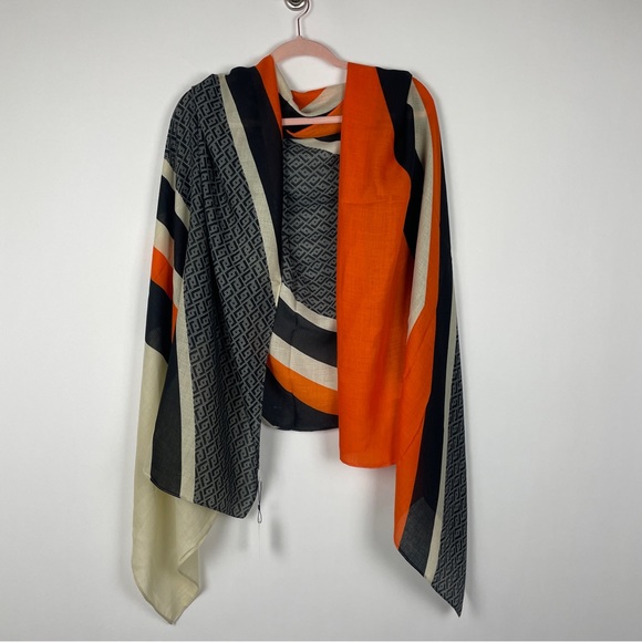 NEW Orange Black Cream Geometric Art Deco Printed Fashion Scarf - Picture 5 of 13